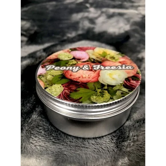 Hand Poured Candle Coconut And Soy Blend 4 Ounce Tin Peony In Freesia - Picture 2 of 4